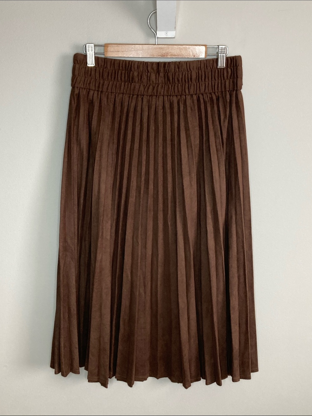 Laffaire Pleated Brown Faux Suede Midi Skirt with Belt, Size Small - Picture 10 of 12